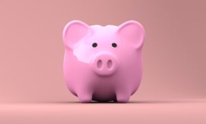 A pink piggy bank on a pink surface.