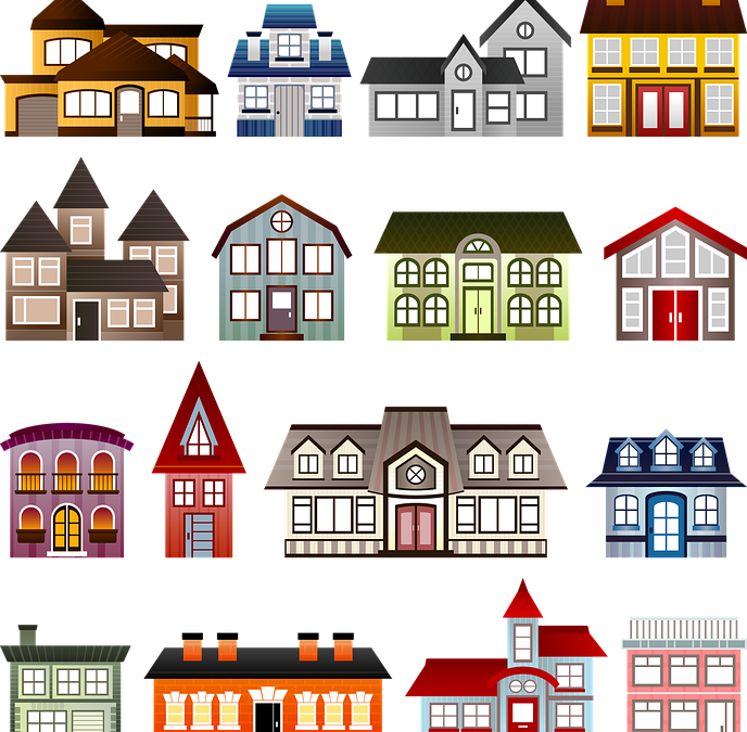 a selection of houses and buildings to choose which one wins in suburban home vs. downtown apartment duel