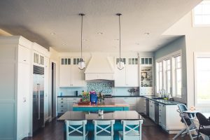 A blue kitchen.